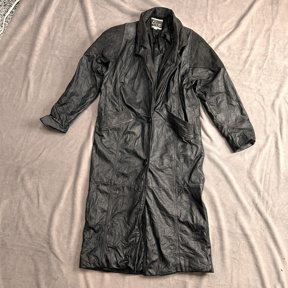 Vintage Global Identity G lll Leather Trench Coat Women S Black Paisley Longline
